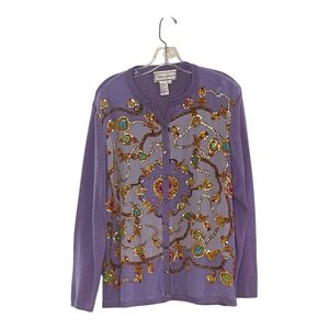 Diane Gilman Purple Long Sleeve Silk Front Sweater Sequins & Jewel Print Size L
